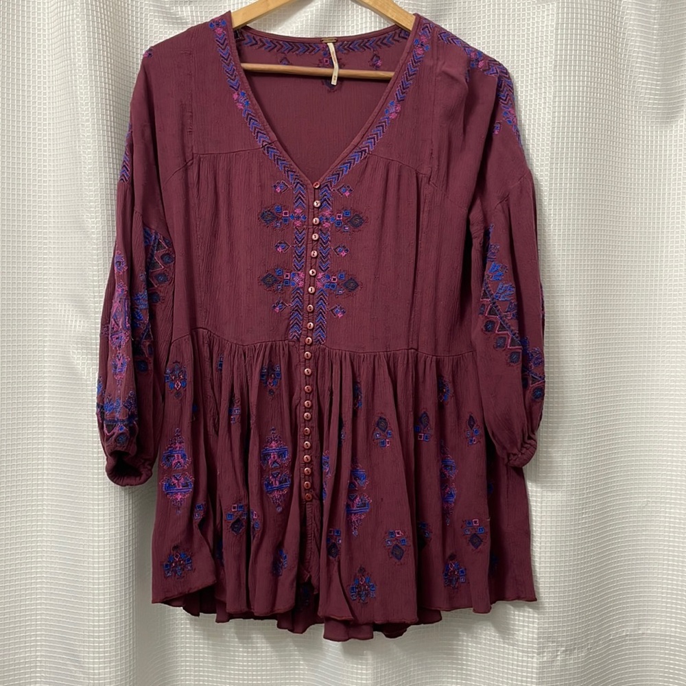 Free People Size M Arianna Embroidered Boho Tunic Top Balloon Sleeves Oversized